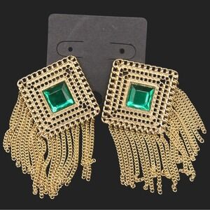 Gold Tone Square Emerald Gem Dangle Fringe Statement Earrings